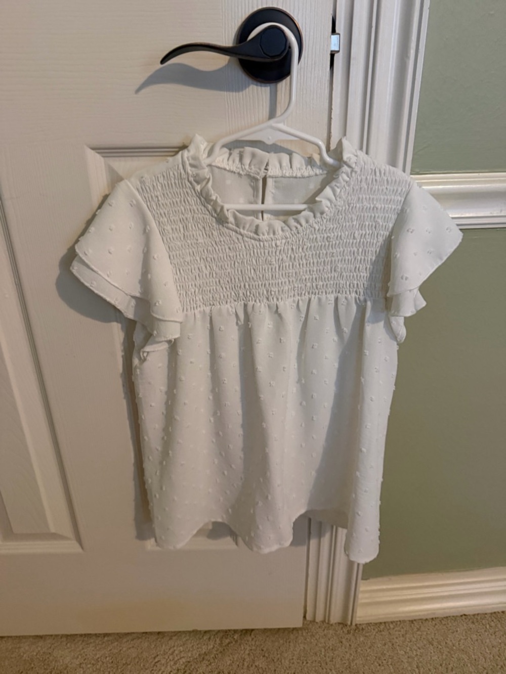 Girls White Textured Smocked Flutter Sleeve Blouse